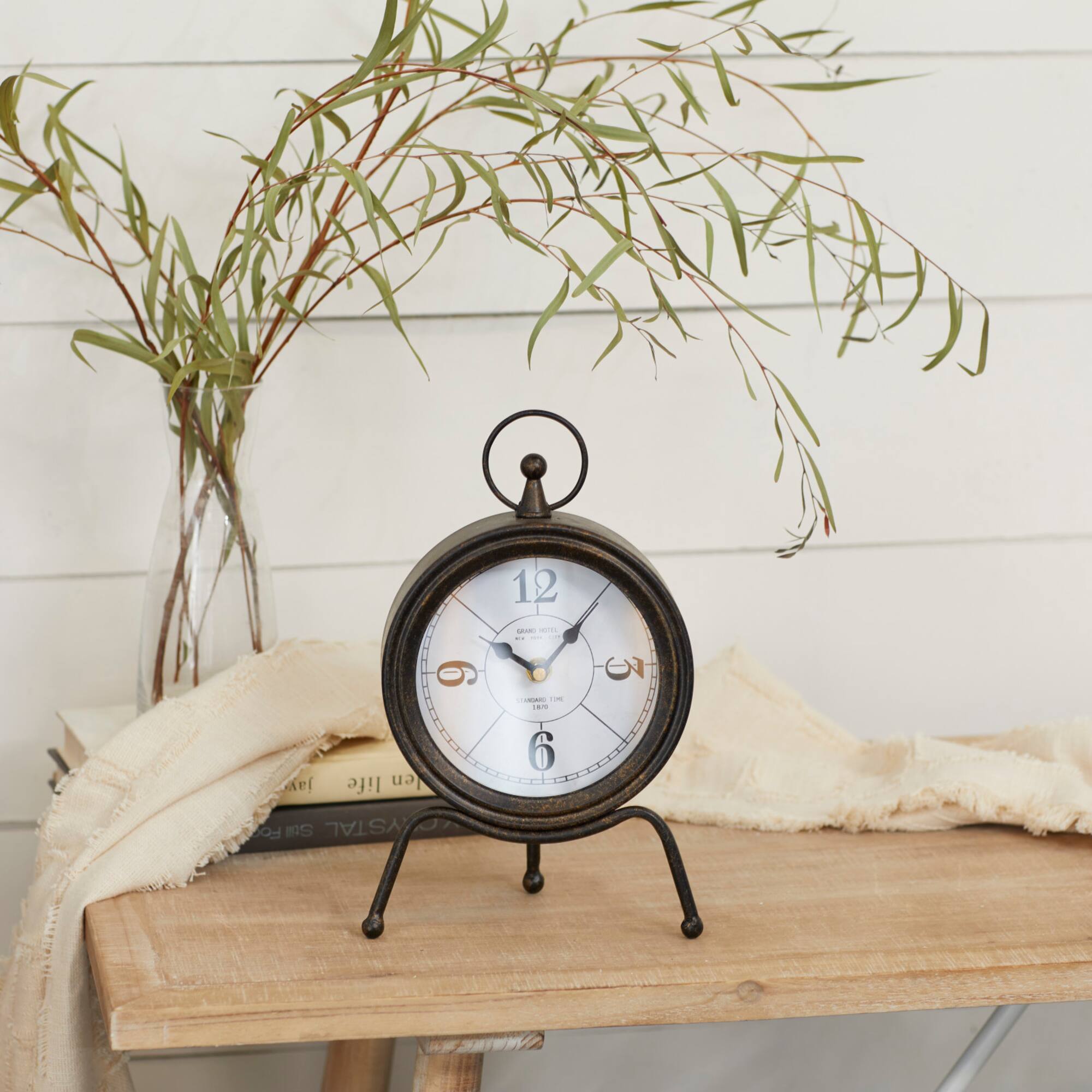 11" Brown Metal Contemporary Table Clock